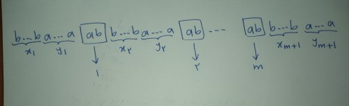 $ \underbrace{b...b}  \underbrace{a...a}  \ ((ab)) \underbrace{b...b}  \underbrace{a...a} \ ((ab)) \ ... \ ((ab)) \underbrace{b...b}  \underbrace{a...a} \\  \ \ \ x_{1}  \  \ \ \ \ \  y_{1}  \ \ \ \ \ \ \ \ \ \ \ \ \ \ \ \ x_{2} \  \ \ \ \ \  \ \ y_{2}  \  \ \ \ \ \ \ \ \ \ \ \ \ \ \ \ \ \ \ \ \ \ \ \ \ \ \ \ \ \ \ \ \ \ x_{m+1} \  \ \  y_{m+1} $
